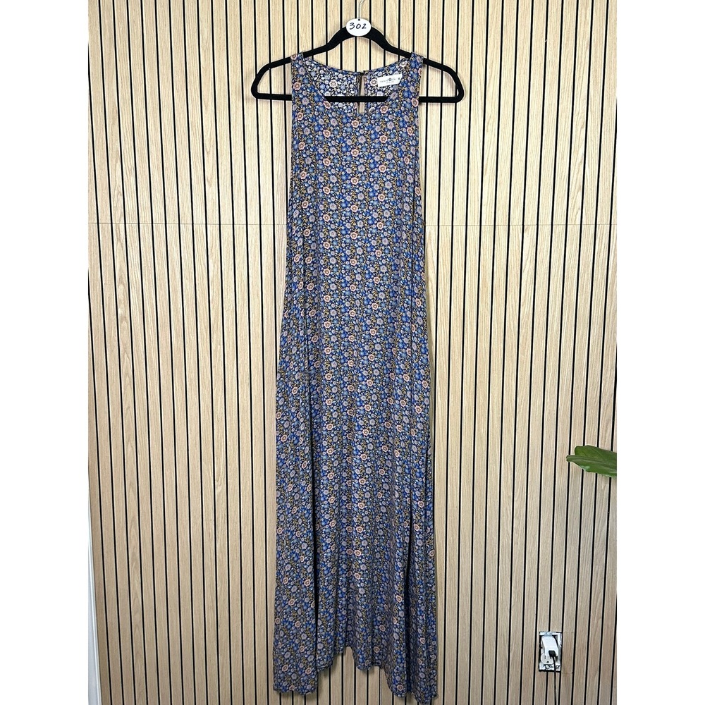 302 Natural Life Sleeveless Maxi Dress Blue Floral Boho Pockets (Medium, EUC)